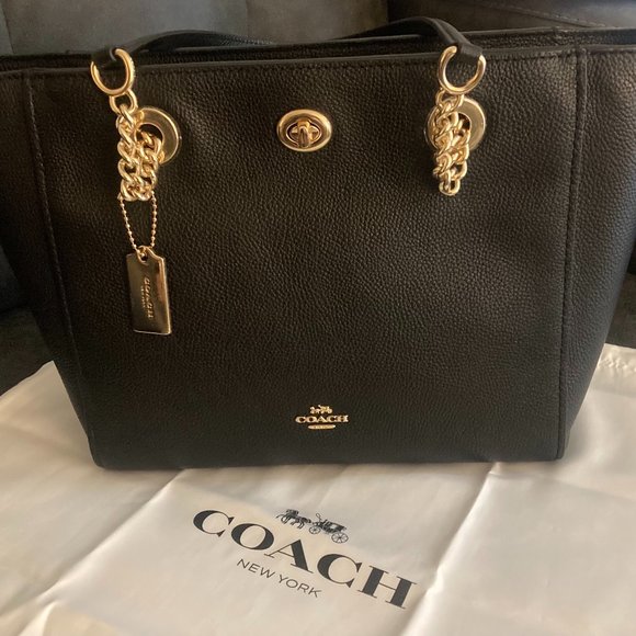MEDIUM BLACK LEATHER COACH TOTE - Picture 1 of 7